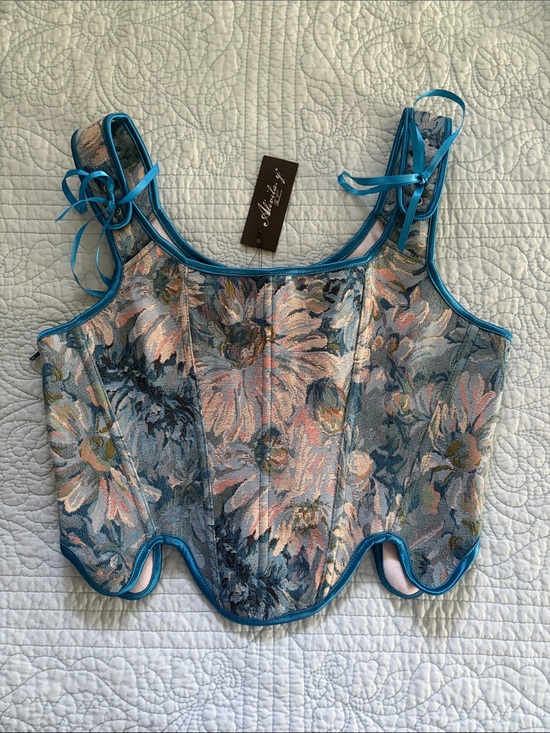 Tops - Floral Tapestry Corset Top with Teal Trim